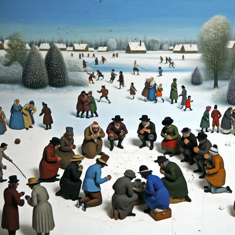 Groep mensen in een besneeuwd landschap die samen een probleem oplossen, met kinderen die op de achtergrond sneeuwballen spelen onder een blauwe lucht.