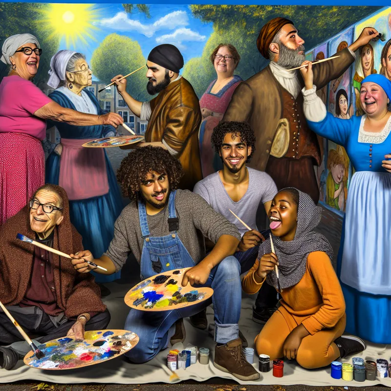 Groep diverse mensen terwijl ze samen een grote muurschildering maken in een park, met kwasten en paletten in de hand.
