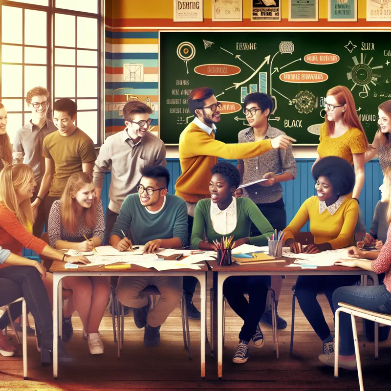 Een kleurrijk klaslokaal waar een diverse groep studenten enthousiast samenwerkt aan een project.