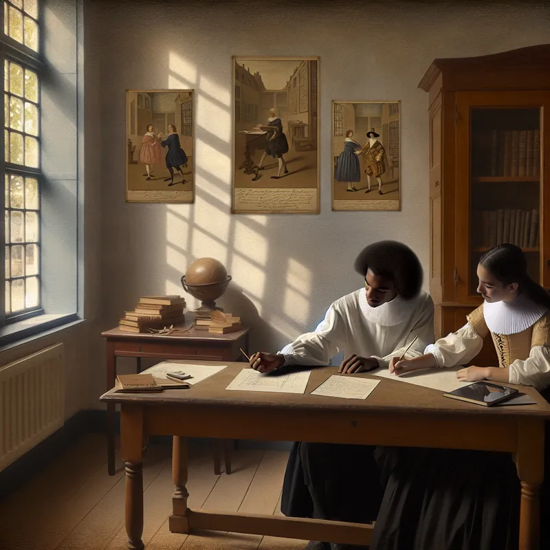 Twee studenten zitten aan een houten tafel, samenwerken aan een project met notities verspreid over de tafel