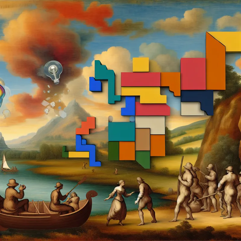 Een team van diverse individuen werkt samen aan abstracte bouwblokken die ideeën vertegenwoordigen in een pittoresk landschap.