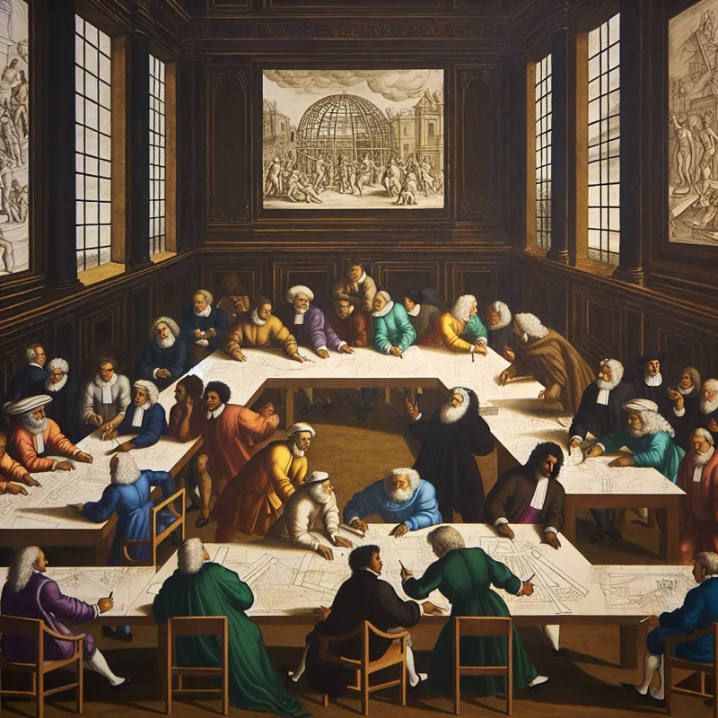 Een groep mensen werkt samen in een grandioze vergaderruimte in Barokstijl aan een complex probleem.