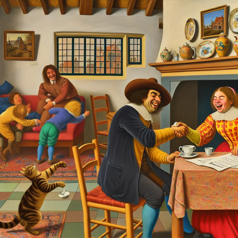 Een man en vrouw schudden enthousiast handen aan een tafel vol papieren in een gezellig Nederlands huis, met een kat die een beker omstoot en spelende kinderen op de achtergrond.