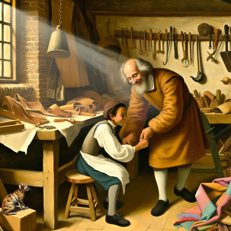 Twee mensen werken samen in een gezellige werkplaats met een oudere vakman die een jongere leerling begeleidt, omringd door gereedschap en materialen.