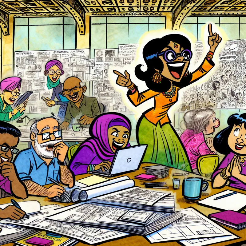 Een diverse groep mensen werkt samen aan een project aan een grote tafel vol materialen en laptops, met een enthousiaste vrouw die naar een laptopscherm wijst.