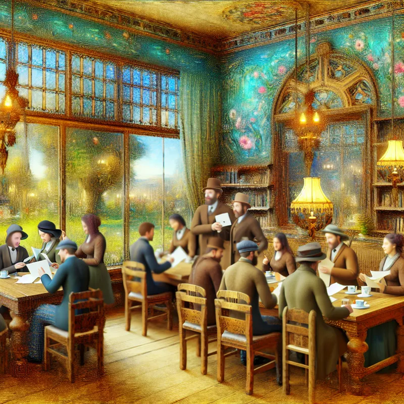 Vriendelijk overleg tussen twee groepen mensen in een vintage café, omgeven door een bloeiende tuin en details in Anton Pieck-stijl.