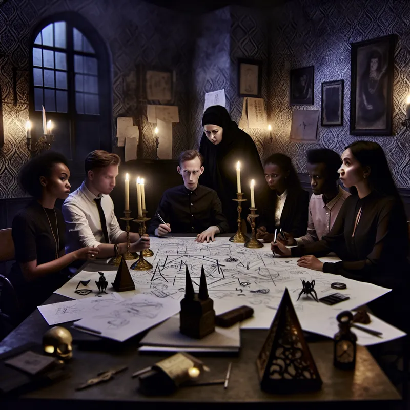 Een diverse groep mensen in een gotische kantoorsetting brainstormt aan een grote, versierde tafel vol schetsen en documenten.