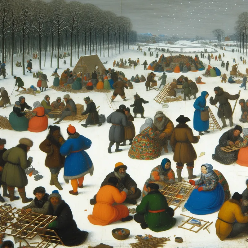 Winterlandschap met diverse mensen die samenwerken aan een kleurrijke kunstinstallatie in de sneeuw.