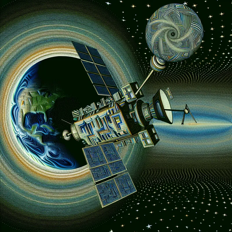 Surrealistische illustratie van een satelliet in een baan om de aarde met een geometrisch ontwerp en optische illusies.