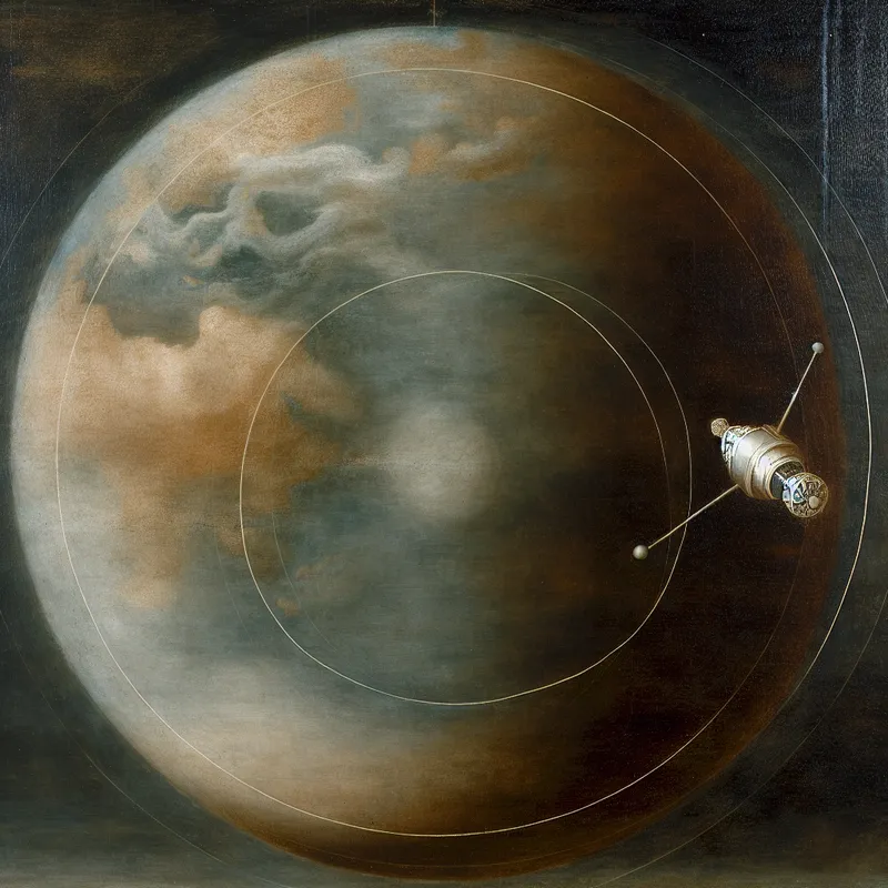 Kunstwerk van een satelliet in een baan om de aarde, geïnspireerd op 17e-eeuwse Nederlandse schilderkunst