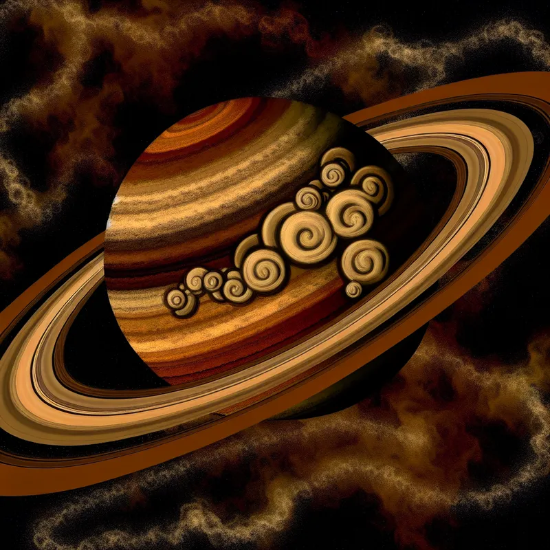 Dichtbij Saturnus met zijn opvallende cirkelvormige ringen tegen een donkere kosmische achtergrond, geïllustreerd in de levendige stijl van Jan Steen