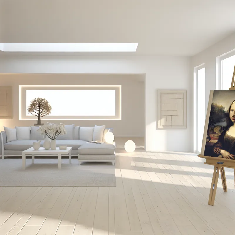 Scandinavische woonkamer met artistieke elementen en natuurlijk licht