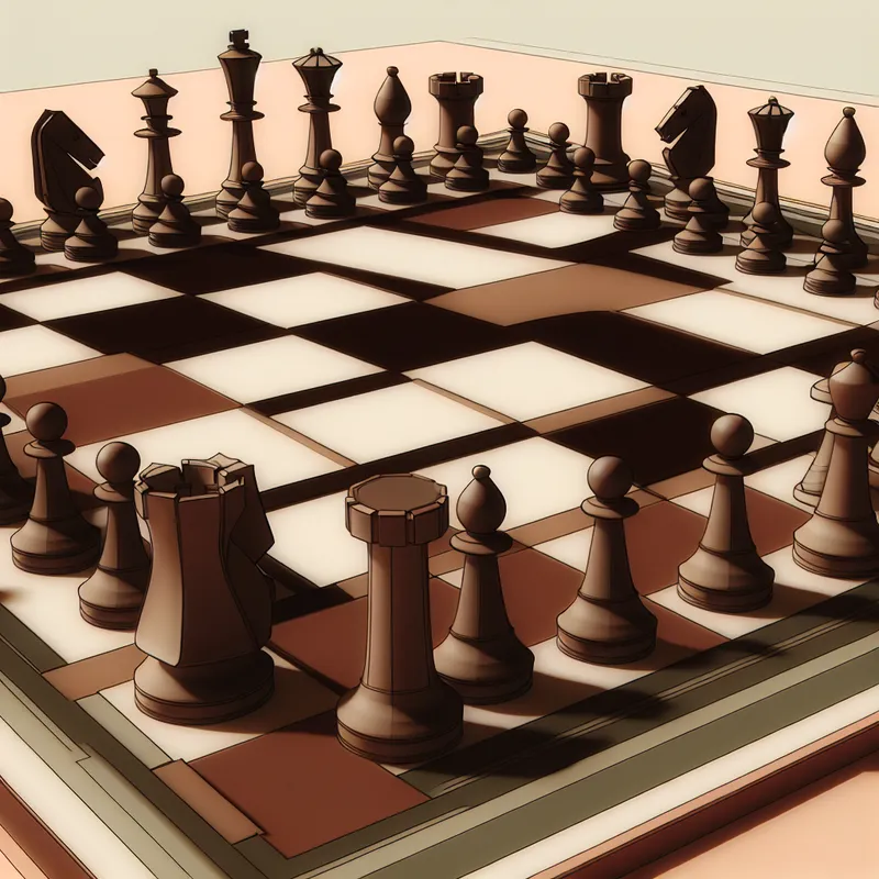 Moderne retro-futuristische illustratie van een schaakbord met stukken in beginopstelling, stijl van Jan van der Veken