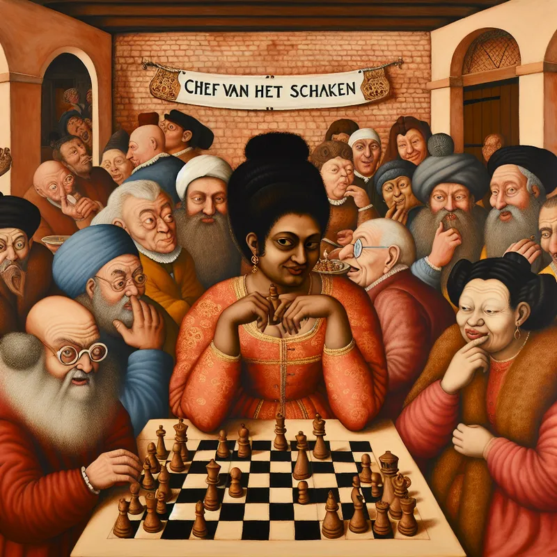 Vrouwelijke schaakexpert concentreert zich op een schaakbord omringd door bewonderende clubleden in een levendige schaakclub in de stijl van Jan Steen