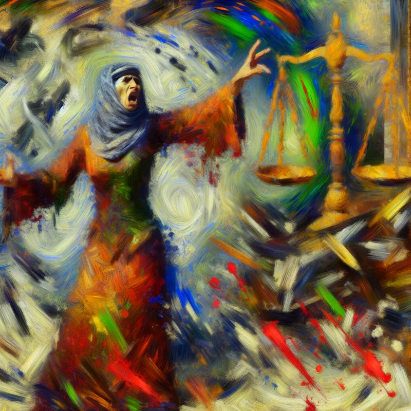 Persoon met expressieve gebaren voor een chaotisch schilderij van een weegschaal van gerechtigheid, symboliserend het indienen van een schadeclaim.