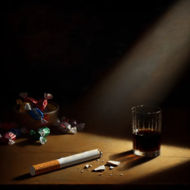 Een drama-stilleven van een gebroken sigaret op een houten tafel, omgeven door schaduwen, met een glanzend glas frisdrank op de achtergrond.