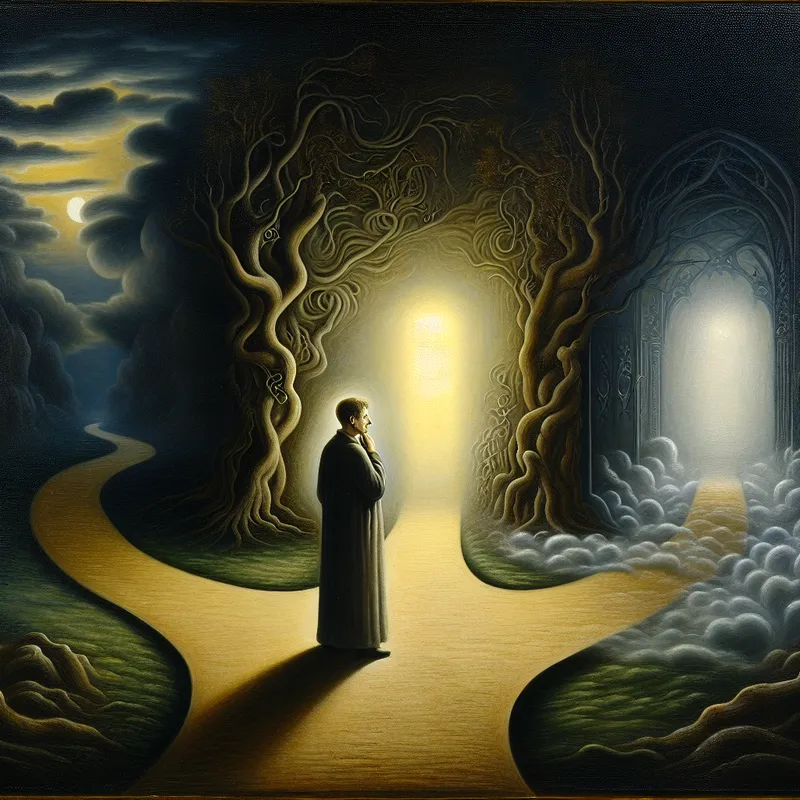 Een schaduwachtige figuur staat op een kruispunt, omgeven door mist en een andere wereldse gloed, wat de keuze symboliseert.
