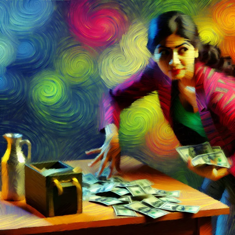 Schaduwachtige figuur in een slecht verlichte kamer die een stapel geld verbergt, met een bezorgde blik naar de kijker.