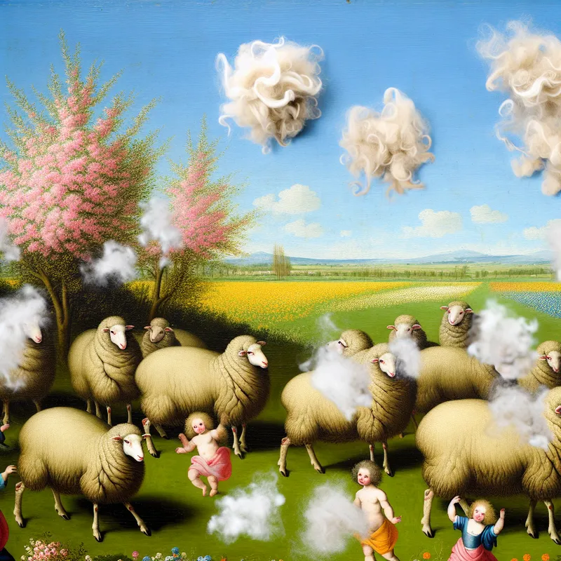 Een groep schapen in een kleurrijk lentelandschap, met wol die door de lucht zweeft, terwijl kinderen spelen op de achtergrond.