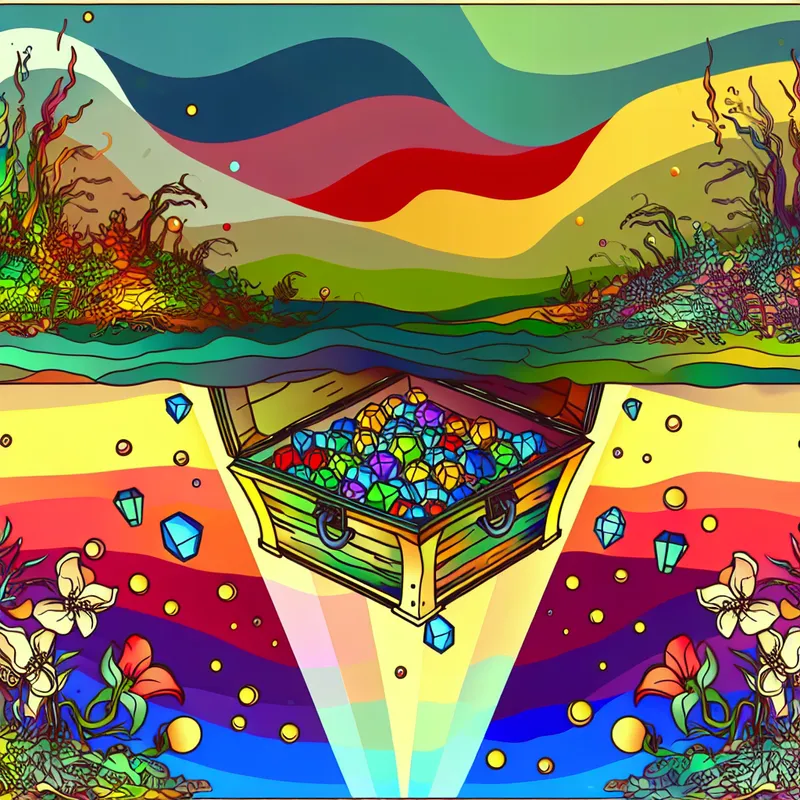 Een kleurrijke schatkist die langzaam in de grond zinkt, omringd door levendige planten en dieren die verbaasd toekijken.