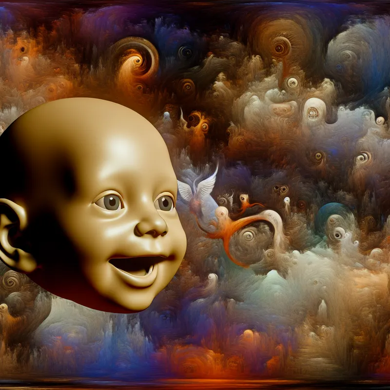 Schattig babyhoofd met grote ogen en een brede glimlach, omgeven door een surrealistische achtergrond vol vreemde wezens.