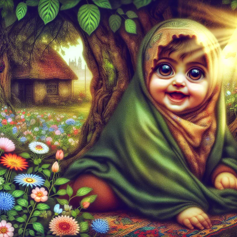 Schattig babyportret in een weelderige groene tuin vol kleurrijke bloemen