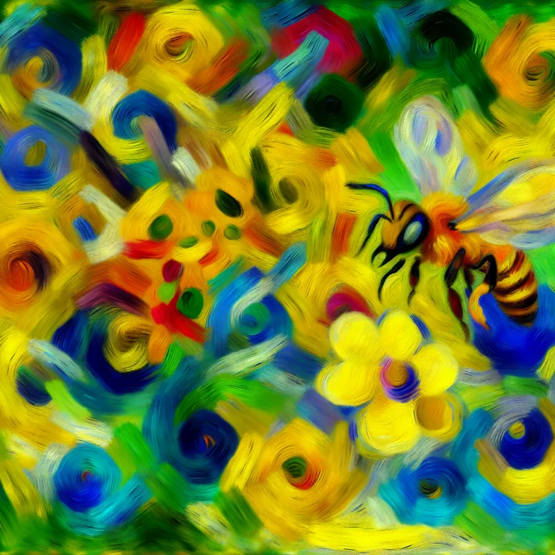 Een kleurrijke abstracte afbeelding van een schattig, groot bijtje in een omgeving vol kleurrijke bloemen.