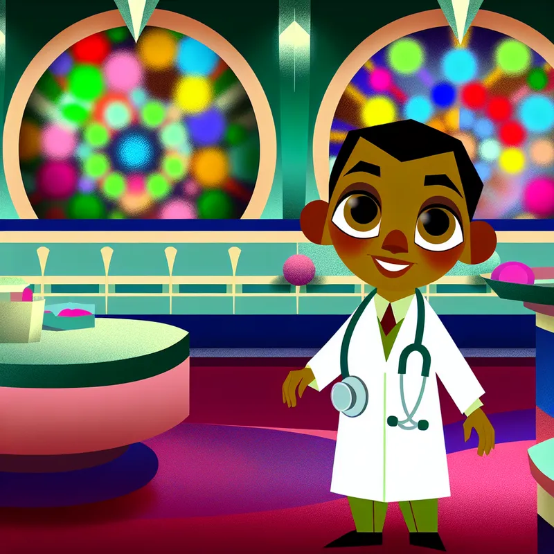 Een schattige kleine dokter in een vrolijke dokterspraktijk met een stethoscoop.