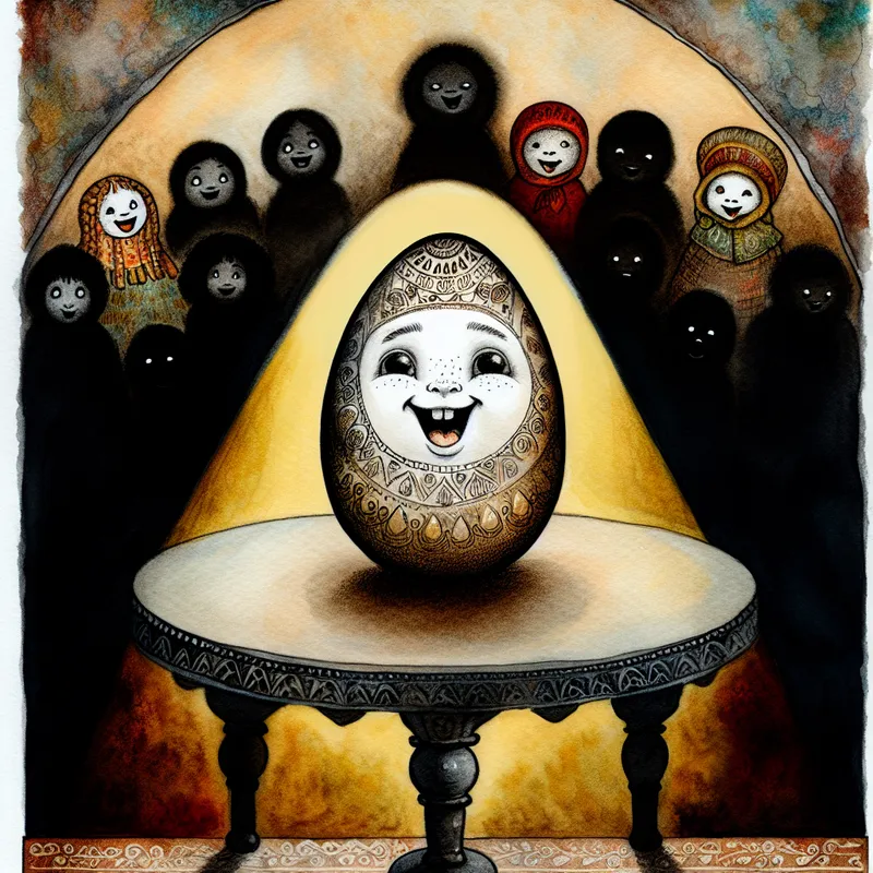 Schattig ei'tje met een vrolijk gezicht op een versierde gotische tafel, omringd door schaduwachtige figuren van kinderen die lachen.