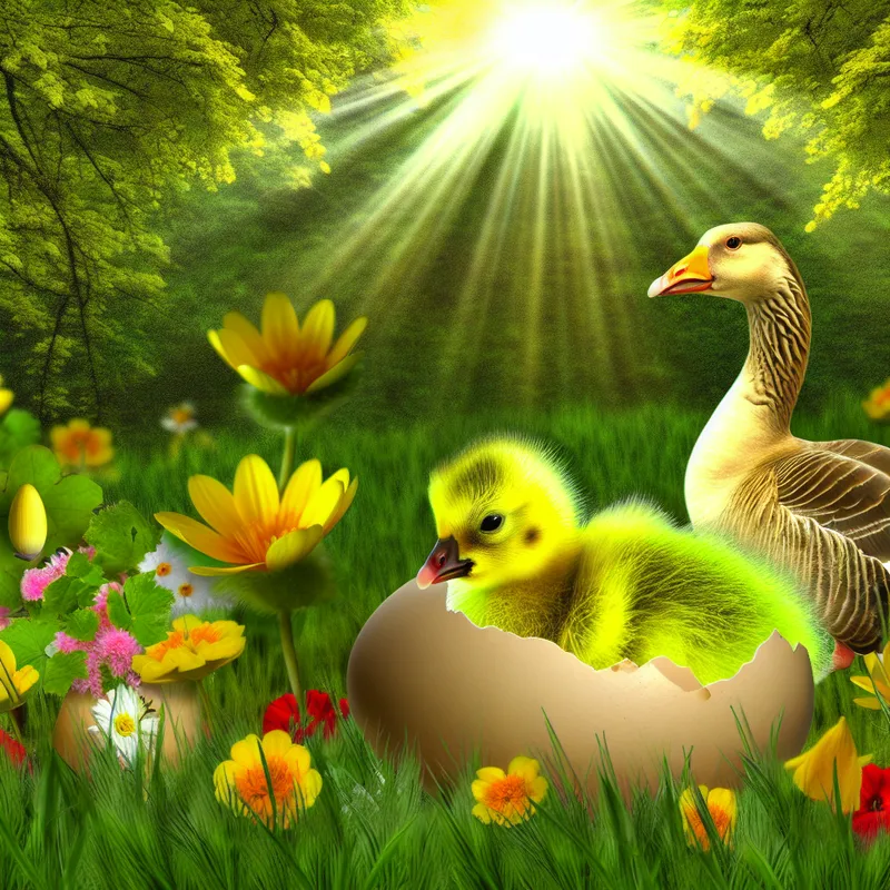 Een schattig gansje dat net is uitgebroed, gewikkeld in een groene weide met bloemen.