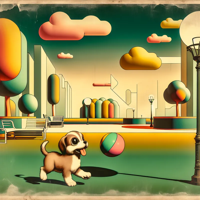 Schattig hondje speelt met een kleurrijke bal in een retro-futuristisch park met geometrische vormen.