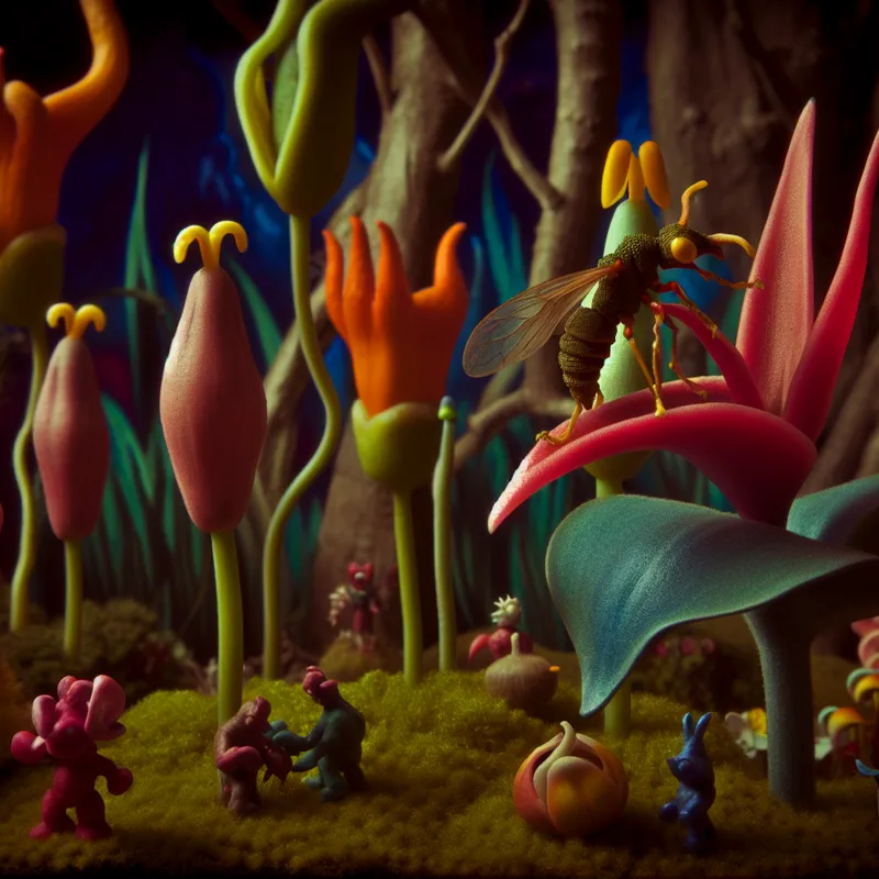 Een schattig horretje op een levendige bloem in een surrealistische tuin