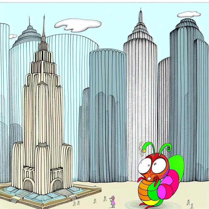 Schattig insect in cartoonstijl voor een grote wolkenkrabber, benadrukt de kleinheid van het insect.