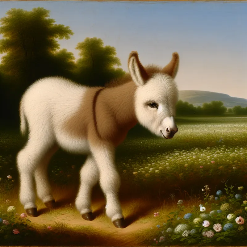 Een schattig jong ezeltje dat vredig graast in een zonnige wei vol met wilde bloemen.