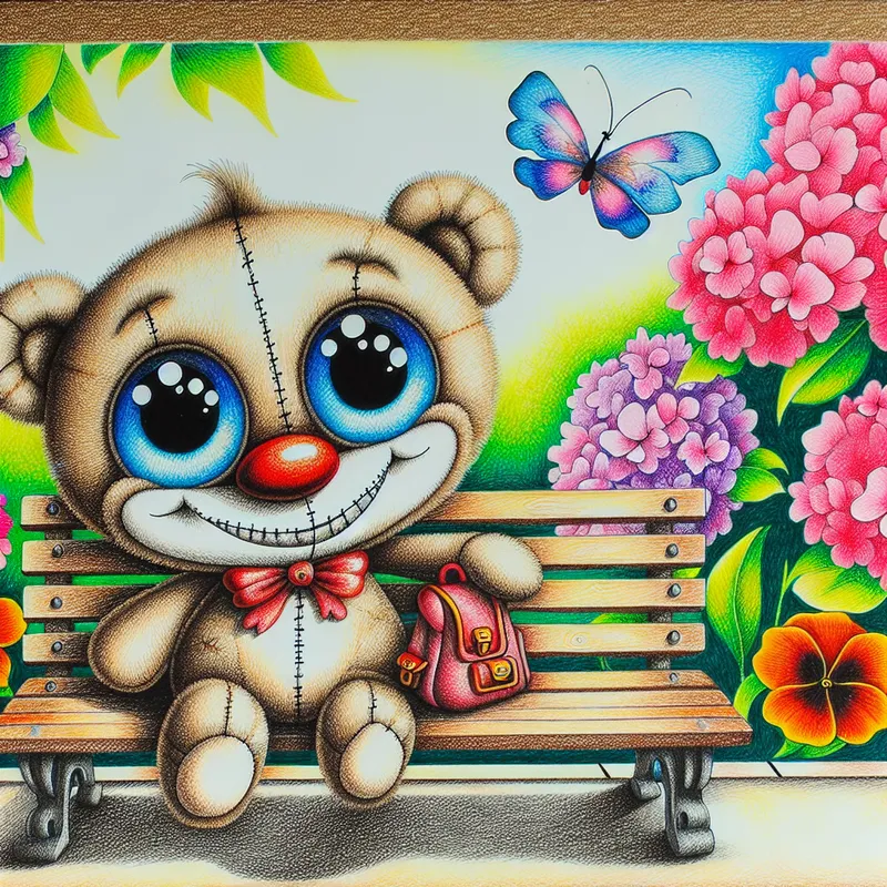 Een schattig, klein teddybeertje op een parkbank omringd door kleurrijke bloemen en flonkerende vlinders