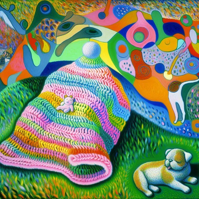 Een schattig, kleurrijk babydekentje op een grasachtige ondergrond, omringd door speelse illustraties van een puppy en een kitten.