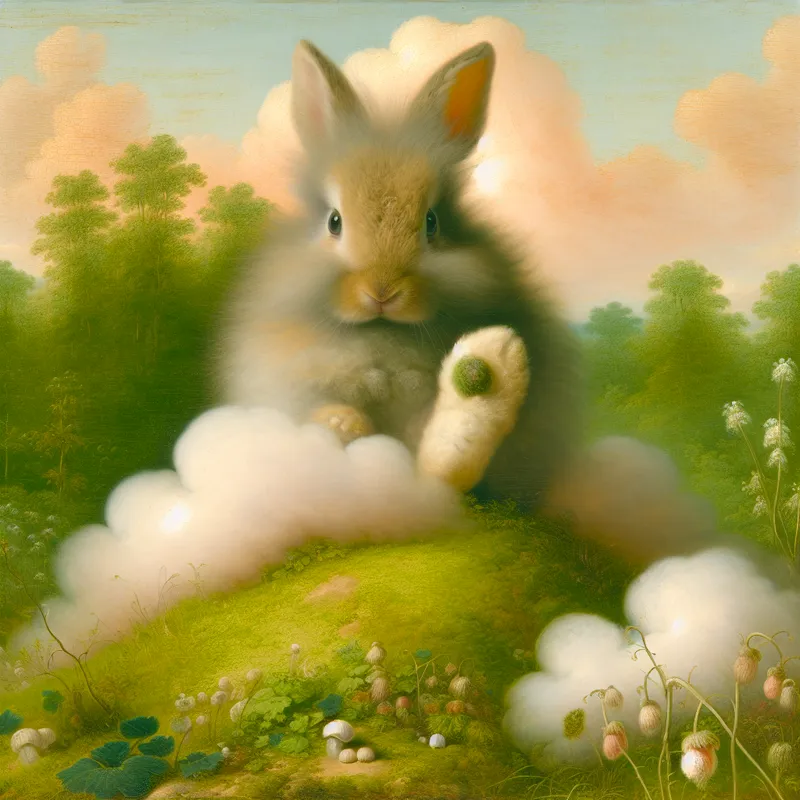 Een schattig konijn dat op een grasheuvel zit, met zijn kleine hoef zichtbaar, omringd door bloeiende wilde bloemen en zacht diffuus licht.