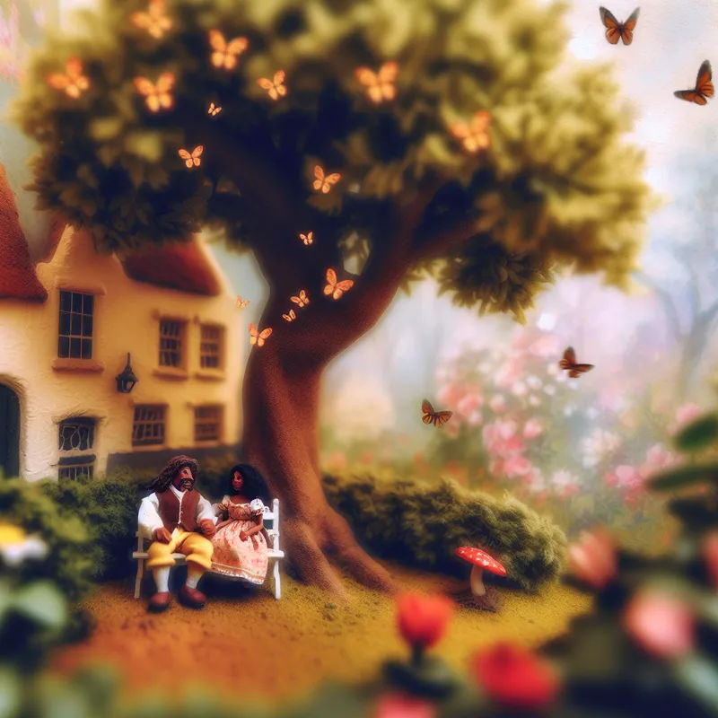 Een schattig koppeltje zit op een klein bankje in een weelderige tuin, omringd door bloeiende bloemen en decoratieve elementen, onder een bloeiende boom.