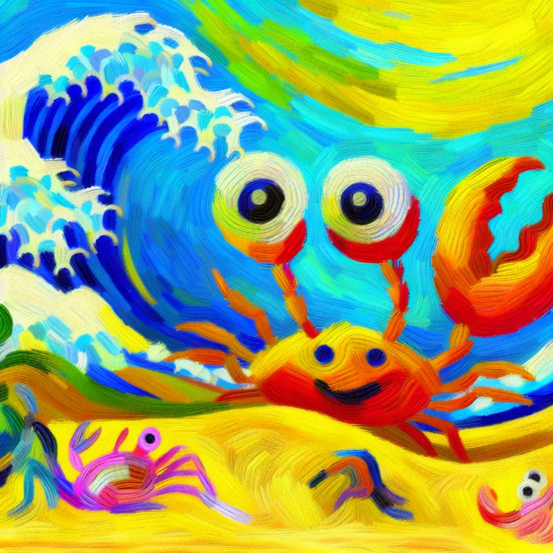 Een kleurrijke en abstracte afbeelding van een schattig krabbetje dat onder een levendige zandstrand vandaan komt en omringd is door vrolijke golven en mariene leven.