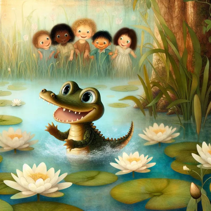 Een schattig, klein krokodilletje spettert vrolijk in een helderblauw vijver omringd door bloeiende waterlelies en zachte groene rietplanten.