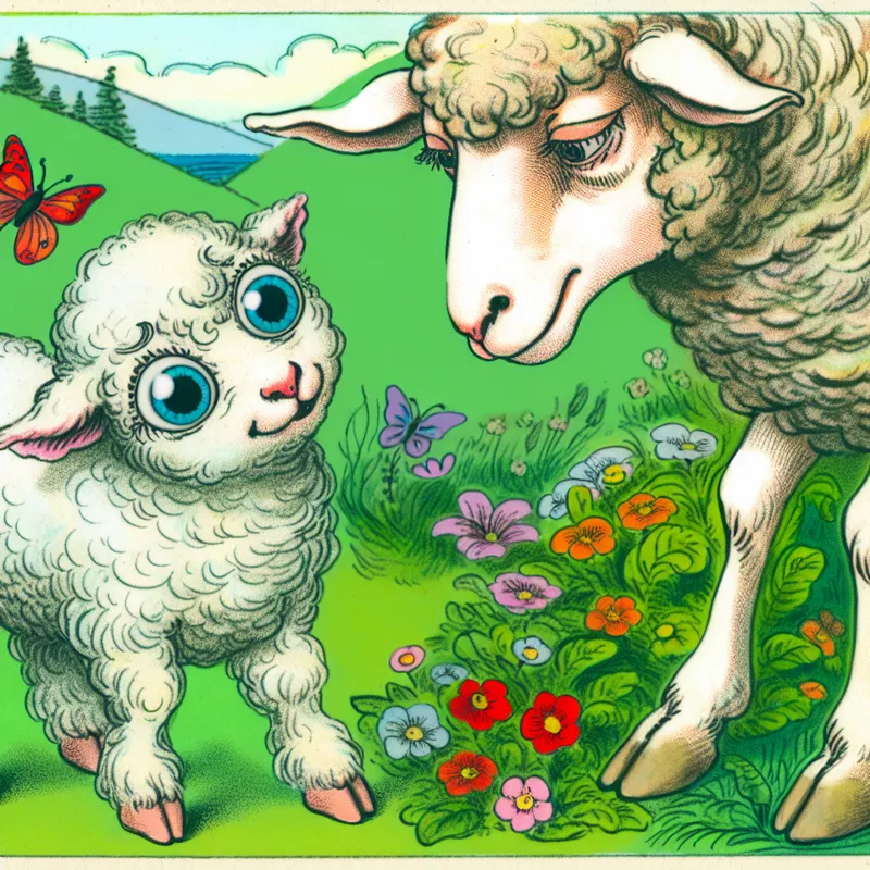 Een schattig, klein lammetje staat dicht bij zijn moeder in een groene weide met bloemen.