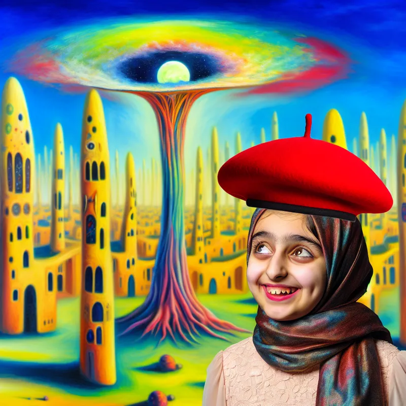 Een jonge meisje met een schattig baretje in een droomachtige omgeving