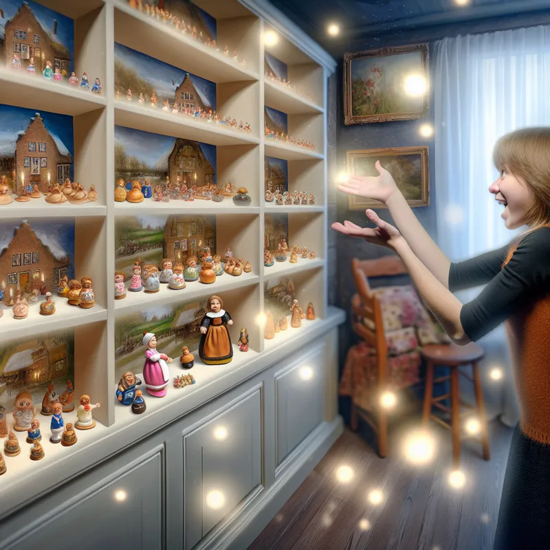Een kind wijst met vreugde naar een schattig miniatuurfiguurtje in een warme, gezellige kamer vol kleine verzamelobjecten.
