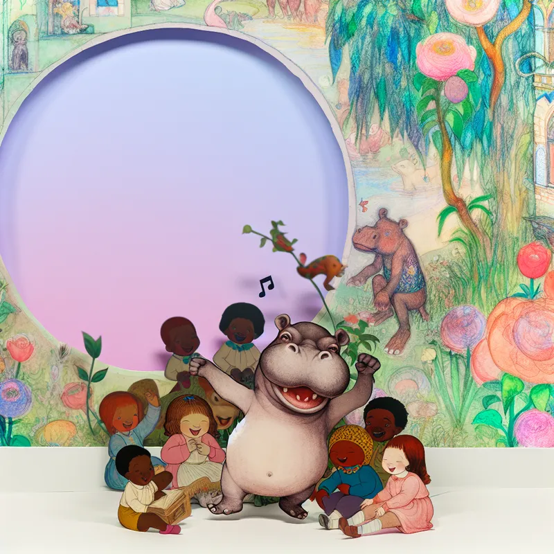 Een schattig nijlpaard dat dansend verhalen vertelt aan een groep blije kinderen in een kleurrijke kinderboekenscène.