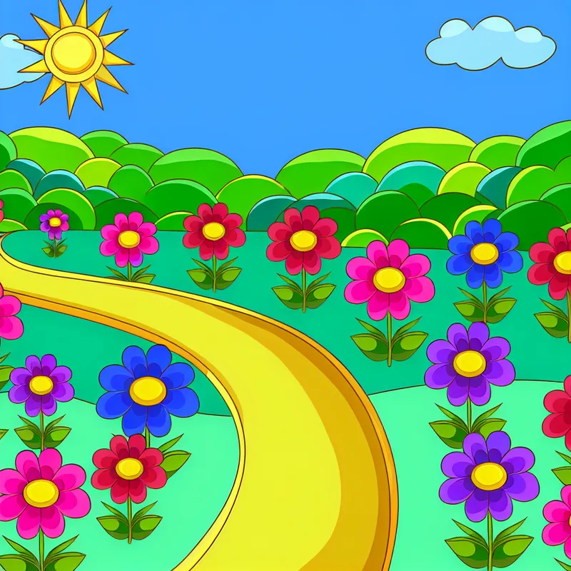 Een schattig, smal pad tussen levendige bloemen in een cartoonachtige stijl.