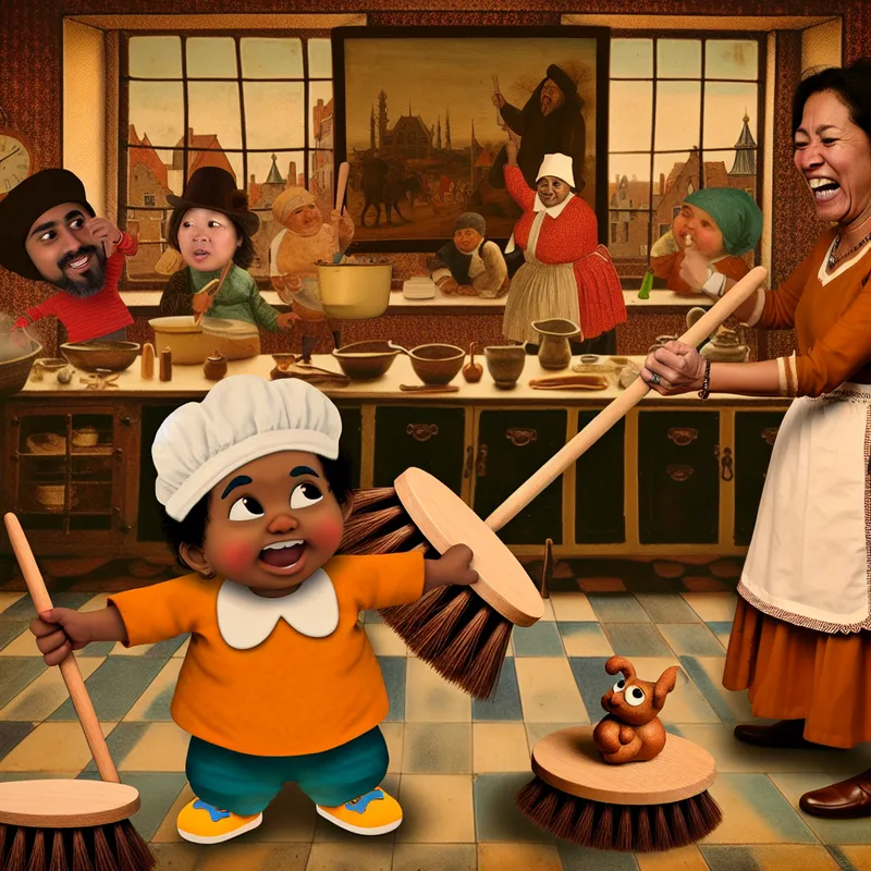Een schattig poetsje in een levendige huishoudelijke scène, met een kind dat speelt met tiny brooms terwijl een ouder toekijkt.