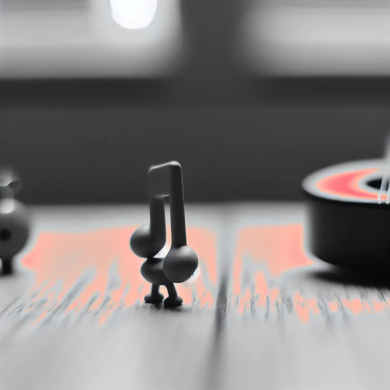 Een schattige speelgoedtoontje in de vorm van een muzikale noot op een houten tafel, omringd door muzikale instrumenten zoals een gitaar en een trommel.