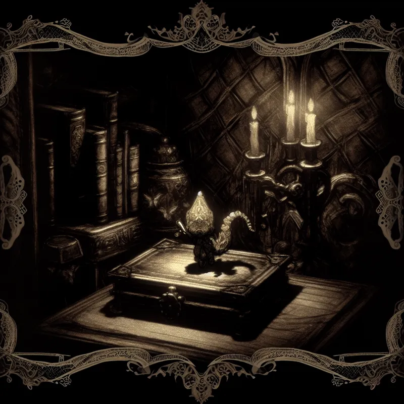 Een schattig trinket, mogelijk een kleine draak of betoverde bloem, op een gedetailleerde houten tafel in een sfeervolle, gotische kamer.