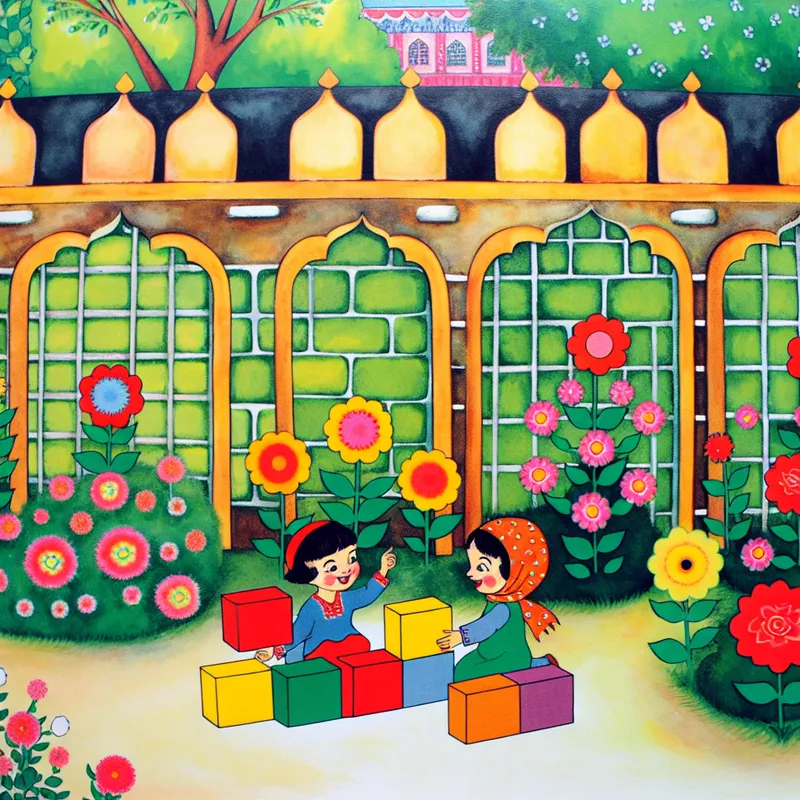 Een charmante tuin met een klein, kleurrijk bakstenen muurtje, omringd door levendige bloemen en twee kinderen die met LEGO spelen.