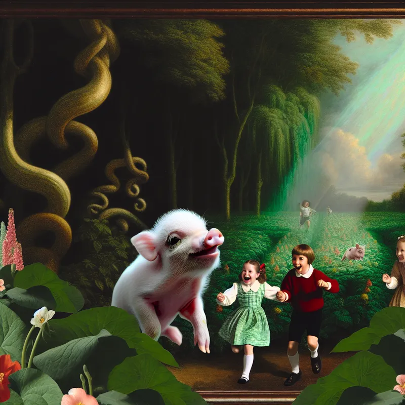 Schattig varkentje speelt vrolijk met kinderen in een groene tuin vol kleuren.